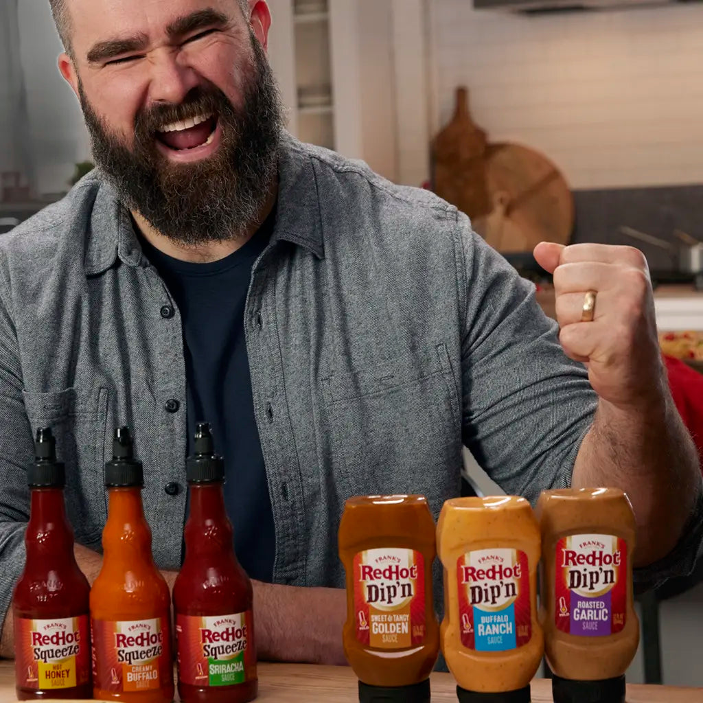 Jason Kelce with Frank's RedHot Dip'N & Squeeze Sauces