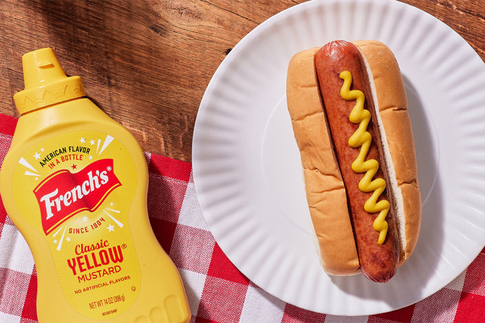 French's mustard bottle and hot dog