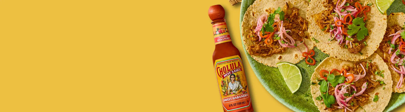 Cholula hot sauce and tacos