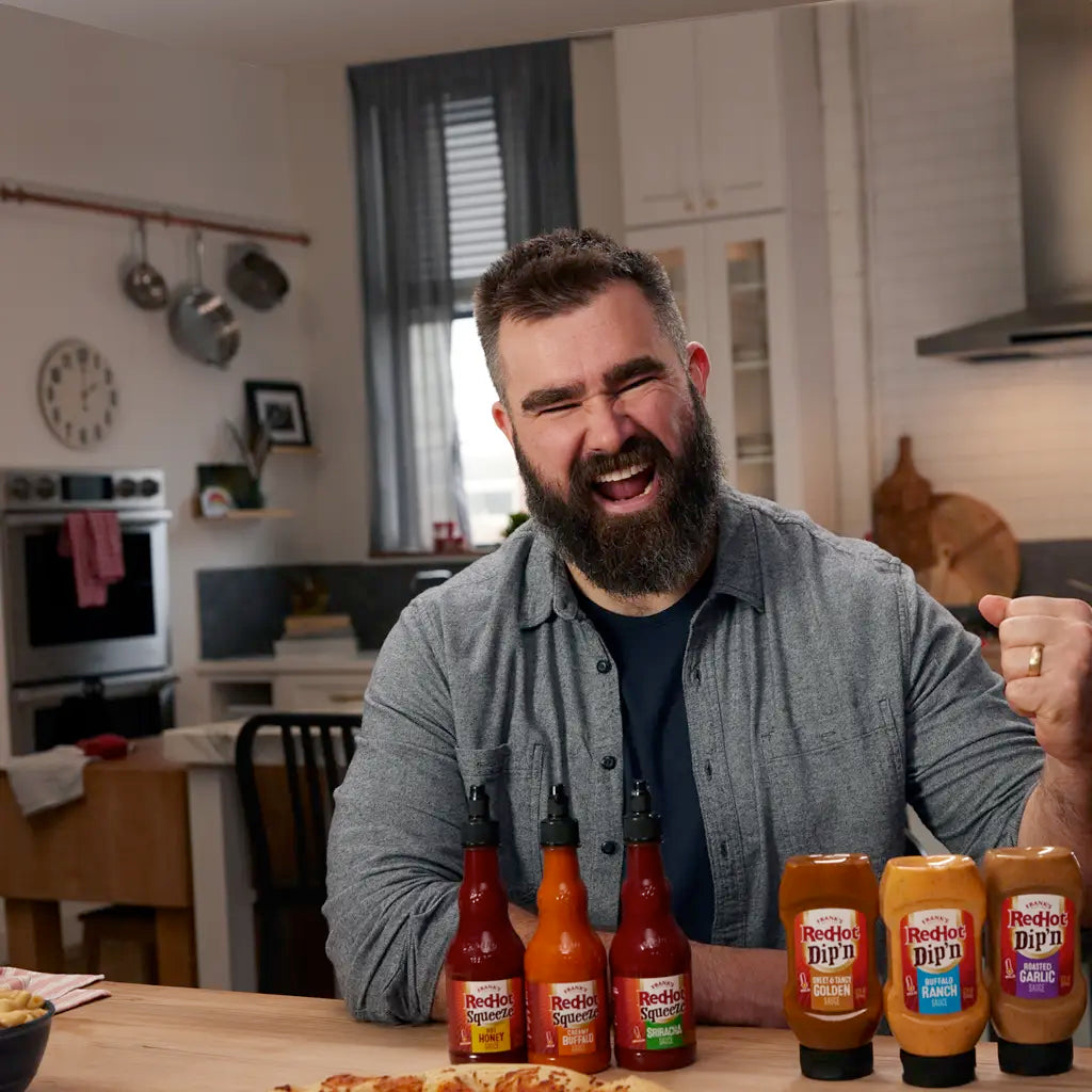 Jason Kelce with Frank's Dip'N & Squeeze Sauces