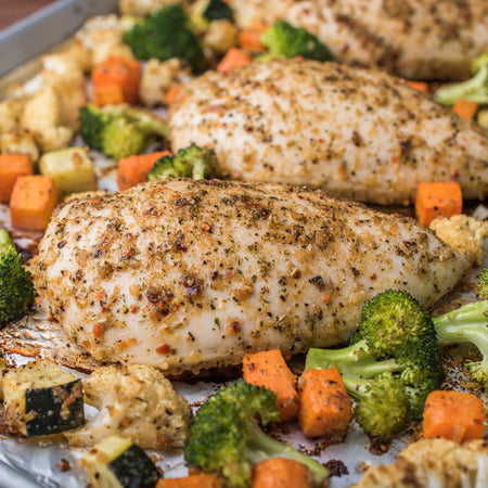 ONE Sheet Pan - Bourbon Pork Tenderloin, Chicken Parmesan, Farmer’s Market Chicken