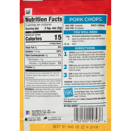 McCormick® Bag 'n Season® Pork Chops Cooking & Seasoning Mix, 1.06 oz (6-Pack)